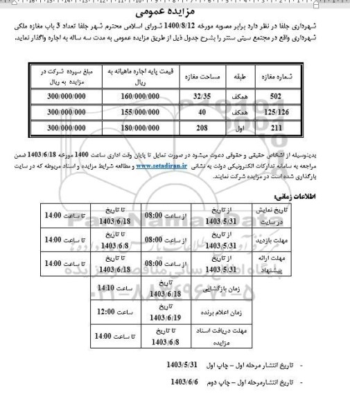 مزایده واگذاری سه باب مغازه