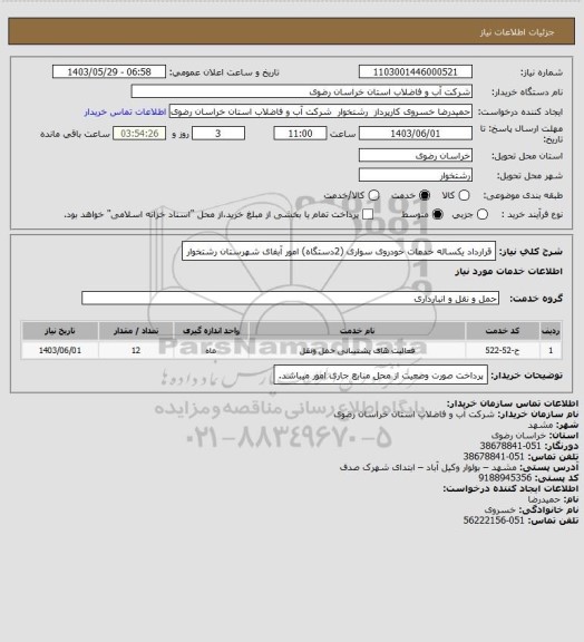 استعلام قرارداد یکساله خدمات خودروی سواری (2دستگاه) امور آبفای شهرستان رشتخوار