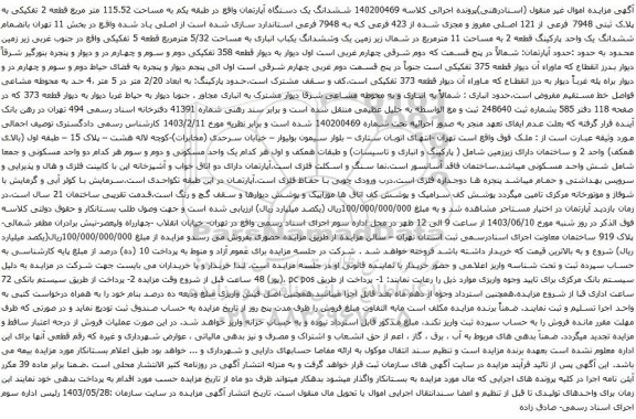 آگهی مزایده ششدانگ یک دستگاه آپارتمان واقع در طبقه یکم به مساحت 115.52 متر مربع قطعه 2 تفکیکی به پلاک ثبتی 7948 فرعی از 121 اصلی