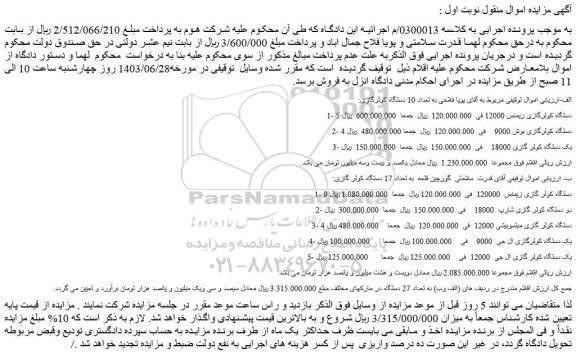 مزایده فروش 5 دستگاه کولرگازی زیمنس 12000  و..