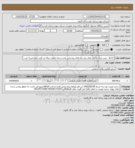 استعلام 6115 - عیب یابی از کابل های برق پایه های روشنایی واحد و پایه تابلوی جرقه زن واحد نمکزدایی3 غرب