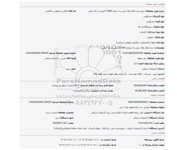 مزایده، سه دانگ پلاک ثبتی به شماره 17308 فرعی از یک اصلی