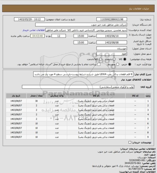 استعلام 9 قلم قطعات یدکی پمپ LEWA طبق شرح و شرایط پیوست-بازرسی سطح 4 مورد نیاز می باشد