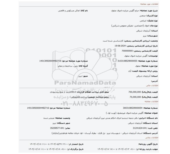 مزایده، آگهـی مـزایده امـوال منقول