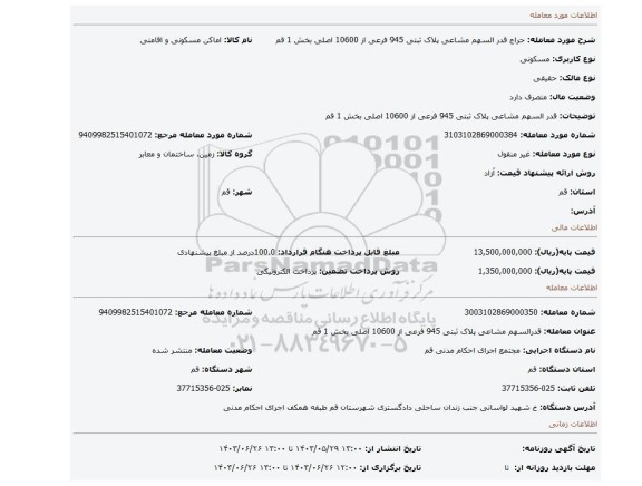 مزایده، قدر السهم مشاعی پلاک ثبتی 945 فرعی از 10600 اصلی بخش 1 قم