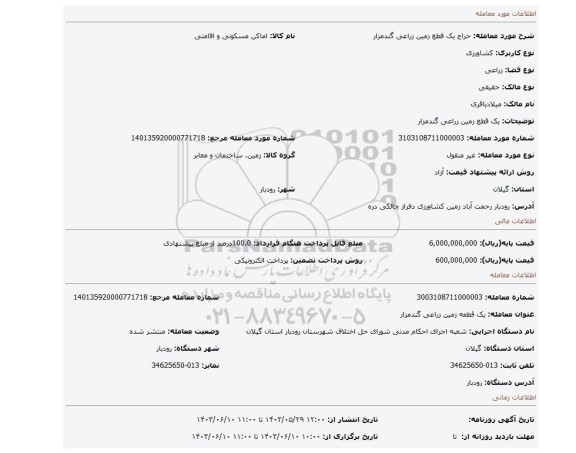 مزایده، یک قطع زمین زراعی گندمزار