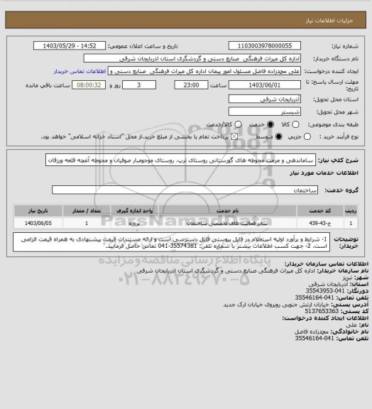 استعلام ساماندهی و مرمت محوطه های گورستانی روستای ترپ، روستای موجومبار صوفیان و محوطه آغچه قلعه ورزقان