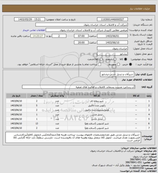 استعلام شیرآلات و تبدیل چدنی-نیشابور