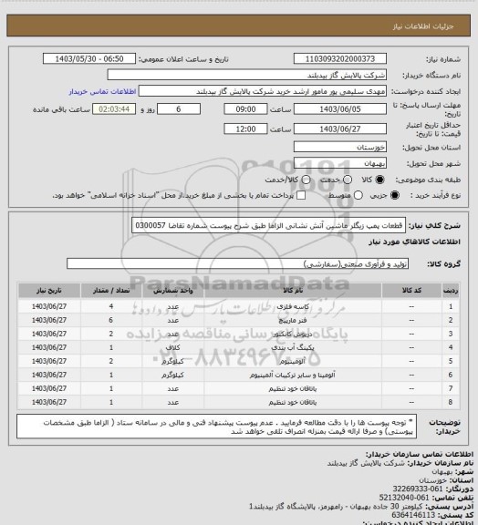 استعلام قطعات پمپ زیگلر ماشین آتش نشانی الزاما  طبق شرح پیوست  شماره تقاضا 0300057