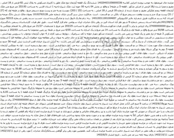 آگهی مزایده ششدانگ یک قطعه آپارتمان نوع ملک طلق با کاربری مسکونی به پلاک ثبتی 82 فرعی از 18 اصلی