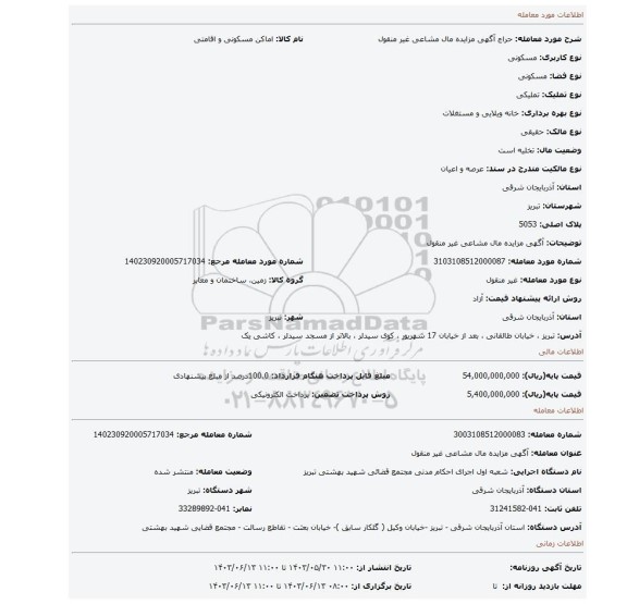 مزایده، آگهی مزایده مال مشاعی غیر منقول