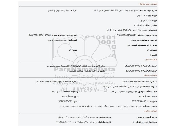 مزایده، فروش پلاک ثبتی 50/ 2549 اصلی بخش 2 قم