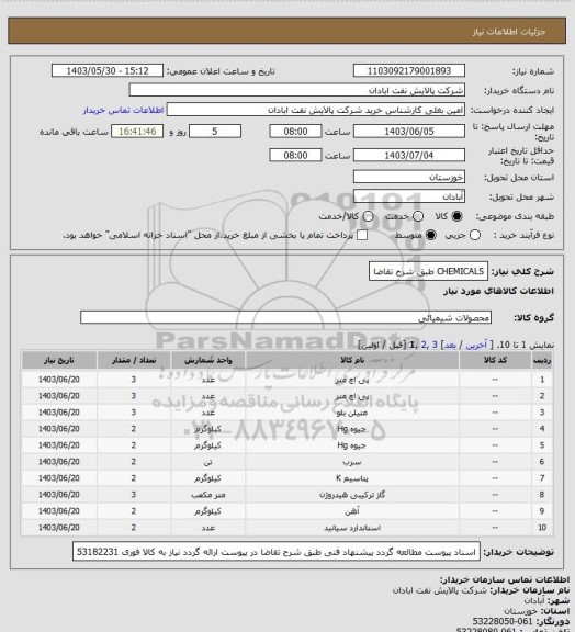 استعلام CHEMICALS طبق شرح تقاضا