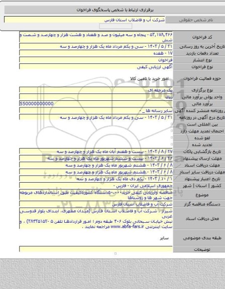 مناقصه, مناقصه وارزیابی کیفی خرید۵۰.۰۰۰دستگاه کنتورباکیفیت طبق استانداردهای مربوطه جهت شهر ها و روستاها