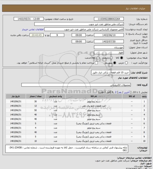 استعلام خرید 15 قلم قطعات یدکی ابزار دقیق