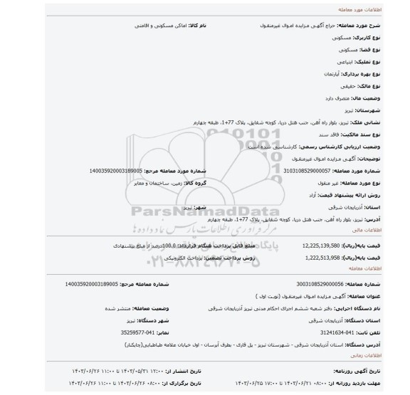 مزایده، آگهـی مـزایده امـوال غیرمنقـول