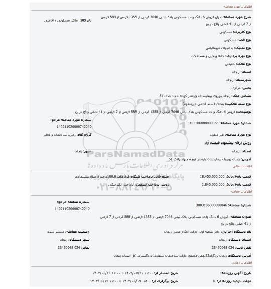 مزایده، فروش 6 دانگ واحد مسکونی پلاک ثبتی 7046 فرعی از 1355 فرعی از 588 فرعی از 7 فرعی از 41 اصلی واقع در بخ