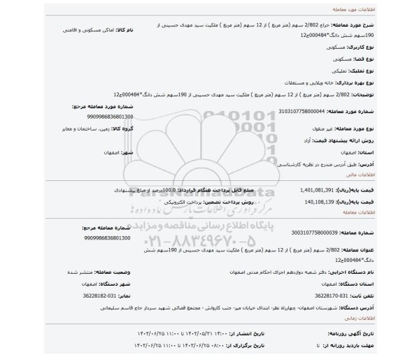 مزایده، 2/802 سهم (متر مربع ) از 12 سهم (متر مربع ) ملکیت سید مهدی حسینی از 190سهم شش دانگ*000484ج12