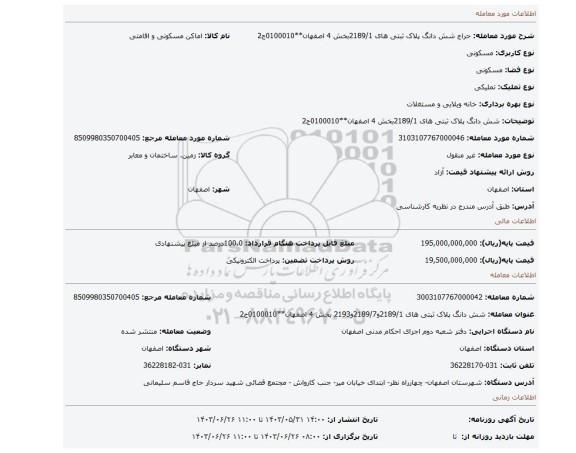 مزایده، شش دانگ پلاک ثبتی های 2189/1بخش 4 اصفهان**0100010ج2