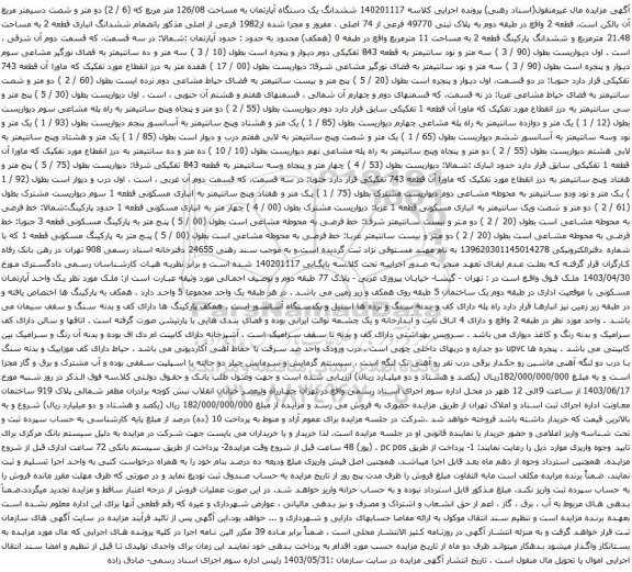 آگهی مزایده  ششدانگ یک دستگاه آپارتمان به مساحت 126/08 متر مربع که (6 / 2) دو متر و شصت دسیمتر مربع