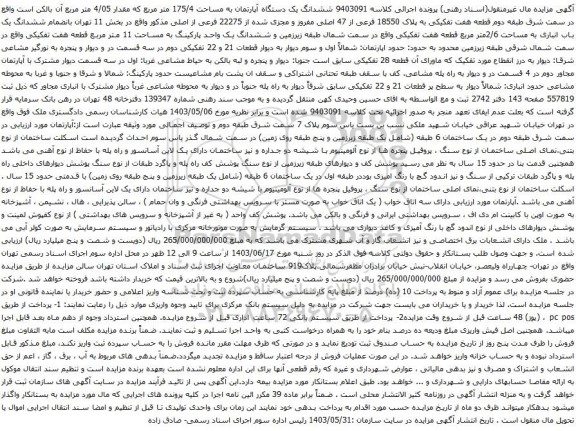 آگهی مزایده ششدانگ یک دستگاه آپارتمان به مساحت 175/4 متر مربع که مقدار 4/05 متر مربع 