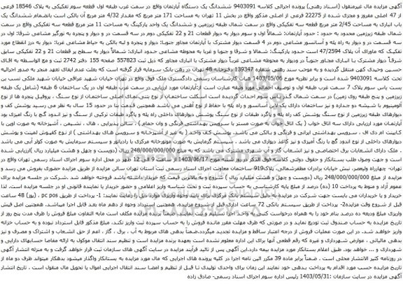 آگهی مزایده ششدانگ یک دستگاه آپارتمان واقع در سمت غرب طبقه اول قطعه سوم تفکیکی به پلاک 18546 فرعی از 47 اصلی