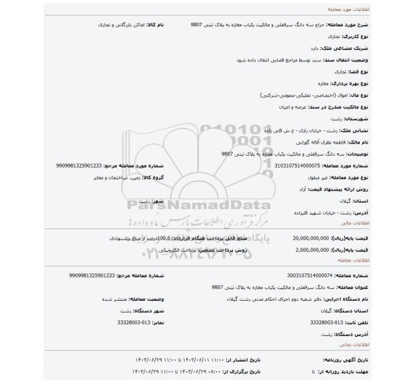 مزایده، سه دانگ سرقفلی و مالکیت یکباب مغازه به پلاک ثبتی 9807