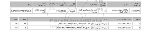 استعلام ابزارآلات ولوازم عمومی واندازه گیری