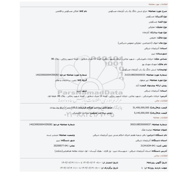 مزایده، شش دانگ یک باب آپارتمان مسکونی