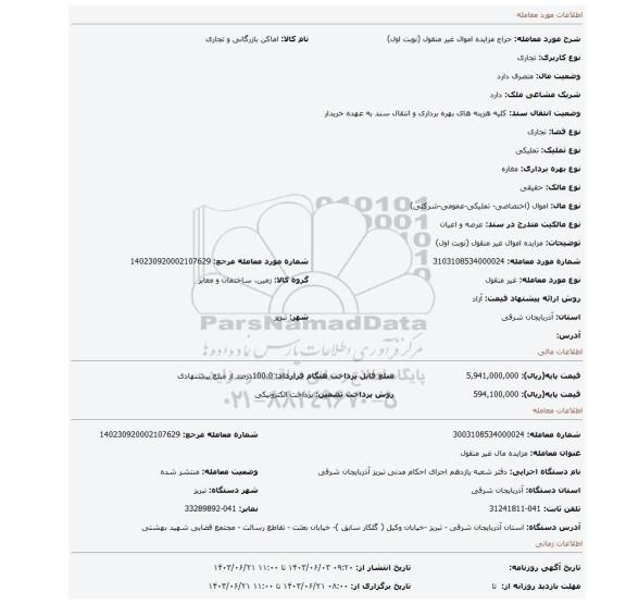 مزایده، مزایده اموال غیر منقول (نوبت اول)