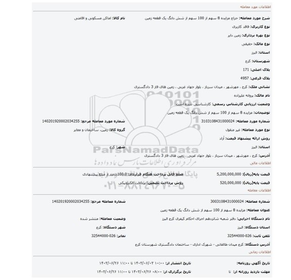 مزایده، مزایده 8 سهم از 100 سهم از شش دانگ یک قطعه زمین