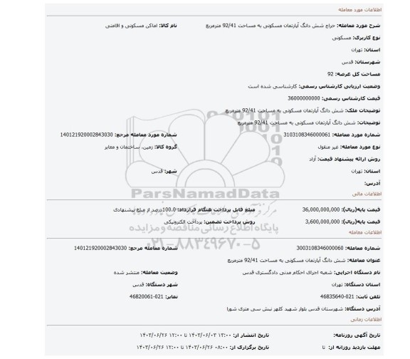 مزایده، شش دانگ آپارتمان مسکونی به مساحت 92/41 مترمربع