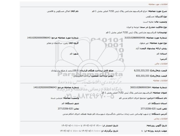 مزایده، قدرالسهم مشاعی پلاک ثبتی 7152 اصلی بخش 1 قم