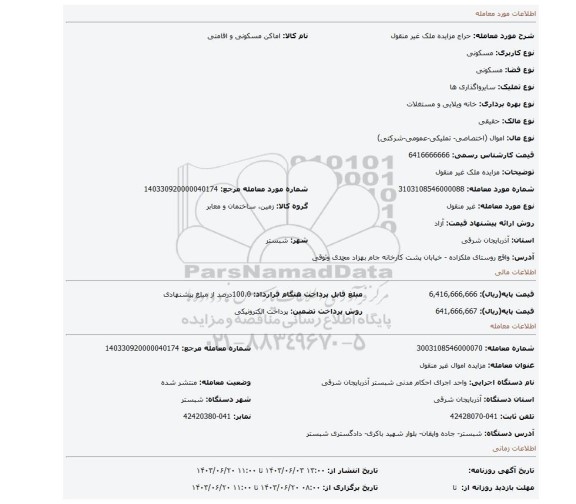 مزایده، مزایده ملک غیر منقول