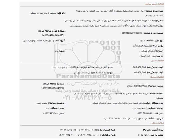 مزایده، مزایده اموال منقول متعلق به آقای احمد دین پرور کشکی به شرح نظریه کارشناسی پیوستی