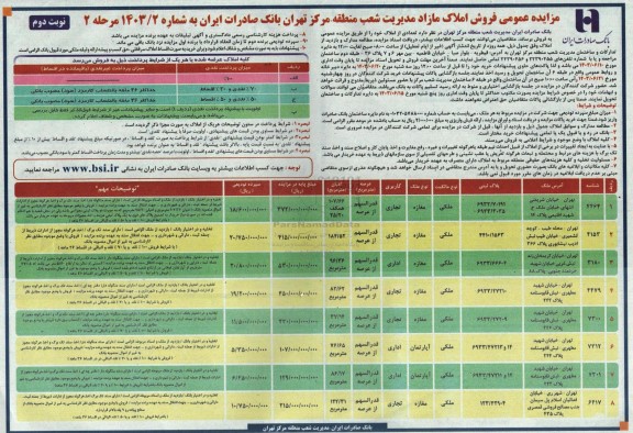 مزایده عمومی فروش املاک مدیریت شعب منطقه مرکز تهران   نوبت دوم