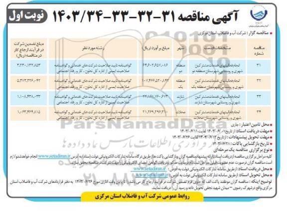 مناقصه انجام فعالیتهای خدمات مشترکین شهری و روستایی