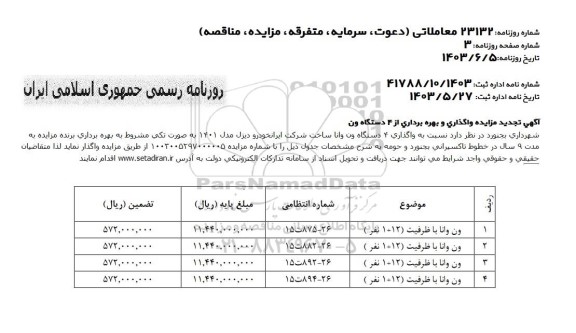 تجدید مزایده واگذاری و بهره برداری از 4 دستگاه ون