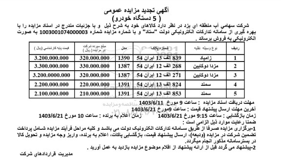 آگهی تجدید مزایده عمومی ( 5 دستگاه خودرو) 