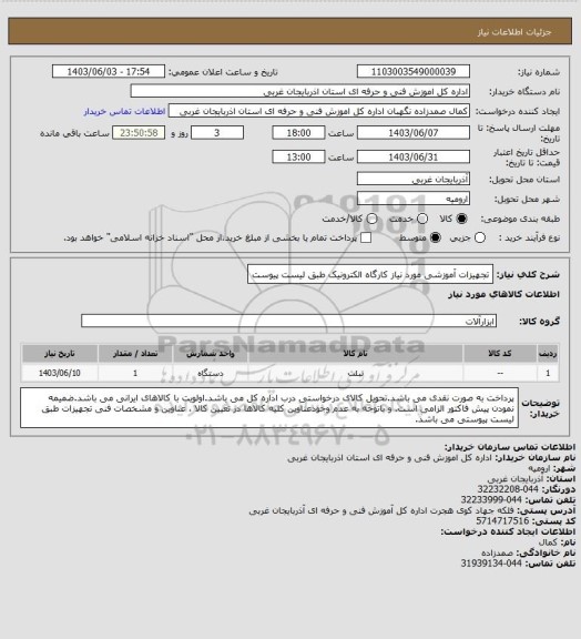 استعلام تجهیزات آموزشی مورد نیاز کارگاه الکترونیک طبق لیست پیوست