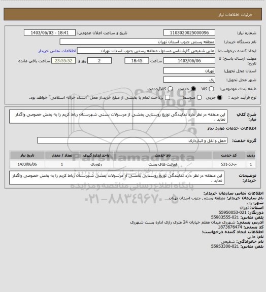 استعلام این منطقه در نظر دارد نمایندگی توزیع روستایی بخشی از مرسولات پستی شهرستان رباط کریم را به بخش خصوصی واگذار نماید .