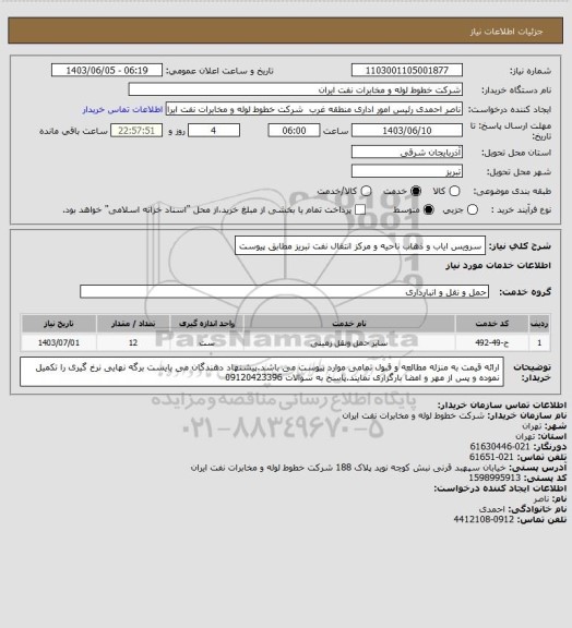 استعلام سرویس ایاب و ذهاب ناحیه و مرکز انتقال نفت تبریز مطابق پیوست