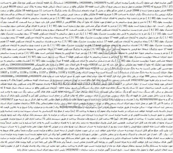 آگهی مزایده ششدانگ یک قطعه آپارتمان مسکونی نوع ملک طلق به مساحت (27 / 73) مترمربع که (4/45) چهارمتر و چهل و پنج دسیمتر مربع