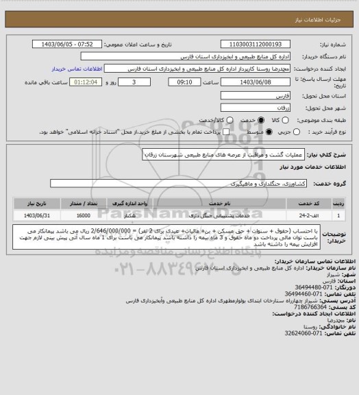 استعلام عملیات گشت و مراقبت از عرصه های منابع طبیعی شهرستان زرقان