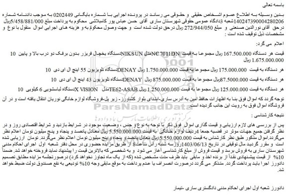 مزایده فروش 10 دستگاه یخچال فریزر بدون برفک دو درب بالا و پایین NIKSUN مدل NC7011DN  و...