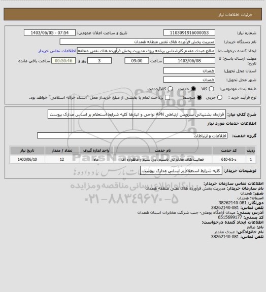 استعلام قرارداد پشتیبانی سرویس ارتباطی APN نواحی و انبارها کلیه شرایط استعلام بر اساس مدارک پیوست