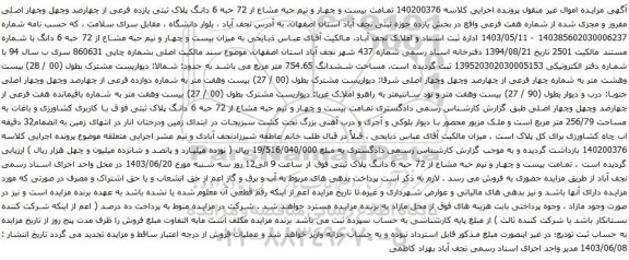 آگهی مزایده تمامت بیست و چهار و نیم حبه مشاع از 72 حبه 6 دانگ پلاک ثبتی یازده فرعی از چهارصد وچهل وچهار اصلی مفروز و مجزی شده از شماره هفت فرعی