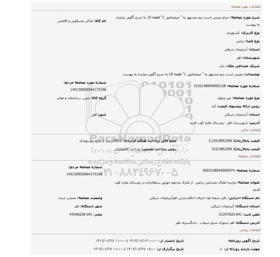 مزایده، زمینی است دیم مشهور به 