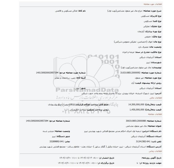 مزایده، مال غیر منقول مشاعی(نوبت اول)