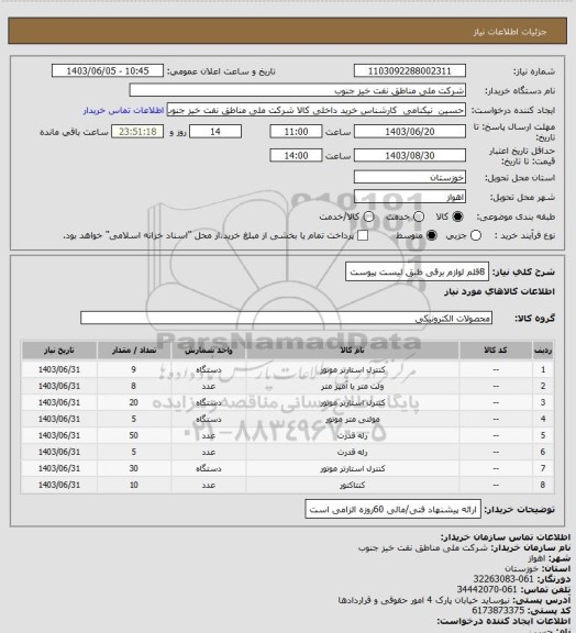 استعلام 8قلم لوازم برقی طبق لیست پیوست